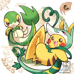 2025 animal_focus brown_eyes chinese_zodiac cosplay egasumi full_body gen_1_pokemon gen_3_pokemon gen_5_pokemon nintendo no_humans open_mouth pikachu pokemon pokemon_(creature) serperior serperior_(cosplay) seviper snivy tomato_mameta white_background year_of_the_snake