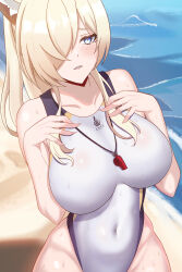 1girl absurdres animal_ears beach blonde_hair blue_archive blush breasts collarbone commentary_request competition_swimsuit covered_navel day fingernails from_above hair_over_one_eye hair_over_shoulder hands_on_own_chest highres kanna_(blue_archive) kanna_(swimsuit)_(blue_archive) lansulynn large_breasts long_bangs long_fingernails long_hair looking_at_viewer ocean one-piece_swimsuit outdoors parted_bangs parted_lips ponytail purple_eyes raised_inner_eyebrows sand sharp_teeth solo sunlight swimsuit teeth upper_body water_drop waves whistle whistle_around_neck white_one-piece_swimsuit