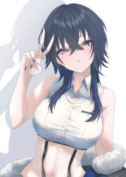 1girl absurdres black_hair blue_hair blush clothes_down commentary_request crop_top drop_shadow fur-trimmed_jacket fur_trim hachimitsu_shitate highres ichinose_uruha ichinose_uruha_(4th_costume) jacket looking_at_viewer multicolored_hair open_mouth pink_eyes purple_nails solo streaked_hair two-tone_hair v virtual_youtuber vspo!