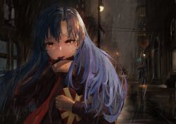 1girl absurdres black_jacket blue_hair box brown_eyes city crying crying_with_eyes_open floating_hair gift gift_box hand_up heart-shaped_box highres holding holding_gift idolmaster idolmaster_(classic) jacket kisaragi_chihaya lamppost long_hair long_sleeves night opale outdoors rain red_scarf scarf solo_focus tears upper_body wet wet_hair