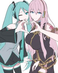 0001shironu 2girls aqua_eyes aqua_hair aqua_necktie breasts hatsune_miku headphones heart heart_hands highres looking_at_viewer megurine_luka multiple_girls necktie one_eye_closed pink_hair twintails vocaloid white_background wink