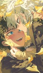 Rule 34 | 2boys, absurdres, bags under eyes, black eyes, black hair, blue eyes, blush, curly hair, dark-skinned male, dark skin, dungeon meshi, elf, face-to-face, falling leaves, ginkgo leaf, grey hair, highres, kabru, leaf, looking at another, lying, male focus, maratang, mithrun, multiple boys, on ground, open mouth, outdoors, pointy ears, scarf, shirt, short hair, smile, yaoi