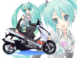 1girl aqua_hair ayase_hikaru female_focus hatsune_miku highres long_hair michelin michelin_man motor_vehicle motorcycle solo twintails vehicle very_long_hair vocaloid yamaha