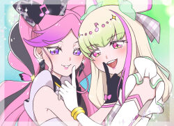 2girls bare_shoulders black_gloves blonde_hair blunt_bangs bracelet braid cure_kiss cure_zukyuun earrings elbow_gloves finger_to_mouth fortissimo frilled_sleeves frills gingham_dress gloves gradient_hair green_hair hair_extensions hair_ornament hair_ribbon hand_on_another&#039;s_chin jewelry kimi_to_idol_precure long_hair looking_at_viewer mature_female multicolored_hair multiple_earrings multiple_girls musical_note musical_note_hair_ornament open_mouth parted_bangs pearl_earrings pink_eyes pointing pointing_up precure purple_eyes ribbon shushing single_elbow_glove smile twin_braids twintails upper_body very_long_hair white_gloves wing_hair_ornament wrist_cuffs zura_(zrgn_zzz)