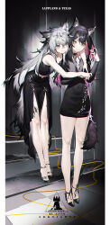 2girls absurdres alternate_costume alver animal_ears arknights bare_legs black_choker black_dress black_hair black_skirt character_name choker closed_mouth colored_inner_hair crop_top dress feet full_body grey_hair hair_between_eyes high_heels highres lappland_(arknights) leaning_forward legs long_hair long_sleeves looking_at_viewer material_growth multicolored_hair multiple_girls oripathy_lesion_(arknights) pink_hair sandals skirt smile standing strappy_heels tail texas_(arknights) toe_cleavage toenails toes very_long_hair wolf_ears wolf_girl wolf_tail yellow_eyes