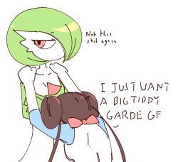 1girl bob_cut brown_hair colored_skin crossed_arms gardevoir gen_3_pokemon green_hair green_skin hair_bun hair_over_one_eye liveactors multicolored_skin nintendo pink_eyes pokemon pokemon_(creature) pokemon_bw2 rosa_(pokemon) shirt simple_background two-tone_shirt two-tone_skin white_background white_skin