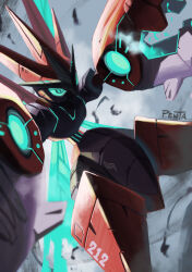 artist_name blue_eyes claws colored_skin gen_2_pokemon glowing glowing_eyes highres mecha neon_trim nintendo outstretched_arms penta_oekaki pokemon pokemon_(creature) red_skin robot scizor shaded_face solo