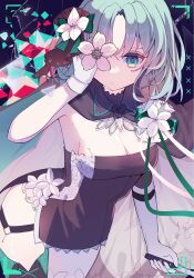 1girl absurdres arcaea black_cape black_dress blue_background bob_cut breasts cape cleavage clover_39 dress flower flower_over_eye frown gloves green_eyes green_hair hair_flower hair_ornament hand_fan hand_over_eye highres holding holding_fan looking_at_viewer medium_breasts saya_(arcaea) short_hair solo thigh_strap two-sided_fabric upper_body white_cape white_flower white_gloves
