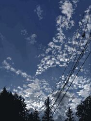 blue_sky cloud cloudy_sky day forest from_below highres hisachan55cute nature no_humans original outdoors pixel_art power_lines scenery silhouette sky sky_focus tree utility_pole