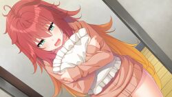 1girl ahoge blush cushion cushion_grab dutch_angle embarrassed eyebrows_hidden_by_hair feet_out_of_frame female_focus game_cg go-1 green_eyes hair_between_eyes highres hood hooded_jacket hooksoft indoors jacket koi_ni_wa_amae_ga_hitsuyou_desu legs light_blush long_hair messy_hair open_mouth original red_hair shishikura_ooga solo standing thighs