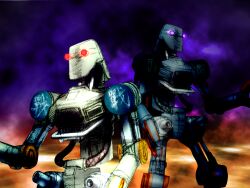 Rule 34 | combot (tekken), game cg, glowing, glowing eyes, joints, kawano takuji, mechanical arms, mechanical legs, official art, orange background, pincers, purple background, purple eyes, red eyes, robot, robot joints, tekken, tekken 4, two-tone background