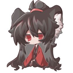 1boy animal_ear_fluff animal_ears bandaged_neck bandages black_hair black_hanfu black_shoes chibi chibi_only chinese_clothes chinese_commentary closed_mouth coat dao_gui_yi_xian dog_boy dog_ears dot_mouth expressionless full_body hair_between_eyes hair_bun hanfu highres kemonomimi_mode li_huowang long_hair long_sleeves looking_at_viewer male_focus open_clothes open_coat outline red_coat red_eyes shoes simple_background single_hair_bun sitting sleeves_past_wrists solo very_long_hair white_background wide_sleeves xinjinjumin492306774828