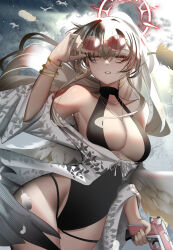 Rule 34 | 1girl, absurdres, alex (alex-xander), aviator sunglasses, black one-piece swimsuit, blue archive, breasts, brown eyes, brown hair, cleavage, feathered wings, feathers, gun, halo, handgun, highres, holding, holding gun, holding weapon, large breasts, long hair, nagisa (blue archive), nagisa (swimsuit) (blue archive), official alternate costume, one-piece swimsuit, parted lips, ponytail, red halo, solo, sunglasses, swimsuit, walther, walther ppk, weapon, white wings, wings, yellow-framed eyewear
