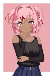 1girl alternate_skin_color black_detached_sleeves black_shirt blue_skirt blush bob_cut closed_mouth dark-skinned_female dark_skin detached_sleeves doki_doki_literature_club hair_intakes hair_ornament hair_ribbon hairclip hand_on_own_chin hand_on_own_elbow hand_on_own_face looking_at_viewer natsuki_(doki_doki_literature_club) pink_background pink_eyes pink_hair polskiyuuri red_ribbon ribbon shirt short_hair skirt smile solo standing tan twintails upper_body