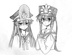 1boy 1girl androgynous brother_and_sister commentary_request fate/grand_order fate_(series) frown graphite_(medium) hat long_hair military_hat oda_nobukatsu_(fate) oda_nobunaga_(fate) ponytail sailor_collar sailor_shirt sempon_(doppio_note) shirt siblings sidelocks sleeves_past_fingers sleeves_past_wrists traditional_media