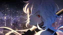 a_date_with_death aegyo_sal atmospheric_perspective black_gloves blush casper_(a_date_with_death) city_lights cityscape full_moon gloves glowing gradient_sky highres holding holding_scythe jellyfish_cut looking_at_viewer looking_back moon night night_sky non-web_source official_art red_eyes scenery scythe silhouette sky sleeveless sleeveless_turtleneck smile turning_around turtleneck variant_set white_hair