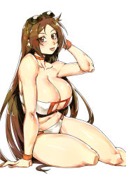 1girl bare_shoulders bikini blush breasts brown_eyes brown_hair choker cleavage collarbone earrings eyewear_on_head fate/grand_order fate_(series) highres jewelry large_breasts long_hair looking_at_viewer minew navel solo sunglasses swimsuit thighs tongue tongue_out very_long_hair white_bikini yu_mei-ren_(fate) yu_mei-ren_(swimsuit_lancer)_(fate)