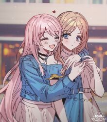 2girls bang_dream! bang_dream!_it&#039;s_mygo!!!!! black_choker blue_jacket blurry blurry_background blush brown_hair chihaya_anon choker closed_eyes commentary earrings hashtag-only_commentary heart hug hug_from_behind jacket jewelry light_particles long_hair long_sleeves multiple_girls nagasaki_soyo open_mouth pink_hair sidelocks skirt soha_blan white_skirt yuri