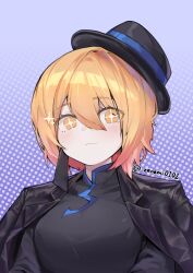 +_+ 1girl black_coat black_dress black_hat blonde_hair breasts china_dress chinese_clothes cinq_association_east_uniform coat coat_on_shoulders don_quixote_(project_moon) dress earrings hat highres jewelry limbus_company looking_at_viewer ofuda_earrings project_moon purple_background short_hair simple_background single_earring smile solo tilted_headwear upper_body yellow_eyes zeremi0102