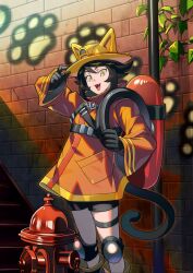 1boy :3 absurdres adjusting_clothes adjusting_headwear androgynous animal_ear_headwear animal_ears arm_up black_gloves black_hair black_tail boots borrowed_character brick_wall brooch cat_boy cat_ears cat_tail commission double-parted_bangs fake_animal_ears fangs feet_out_of_frame fire_hydrant firefighter firefighter_jacket flipped_hair gloves graffiti hand_up helmet highres holding holding_hose hose jacket jewelry kariganeka knee_pads long_sleeves looking_at_viewer male_focus non-web_source open_mouth original outdoors outline paw_print plant pocket pole second-party_source shadow short_hair short_shorts shorts sidelocks sideways_glance solo stairs standing tail teeth thigh_strap three_quarter_view trap upper_teeth_only vines wide_sleeves yellow_eyes yellow_helmet