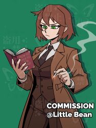 Rule 34 | 1girl, bean52623818, book, borrowed character, breasts, brown coat, brown hair, brown necktie, brown pants, cigarette, closed mouth, coat, commission, green background, green eyes, highres, holding, holding book, holding cigarette, large breasts, long sleeves, necktie, open book, original, pants, solo, watermark