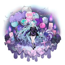 1girl aqua_hair artist_request balloon black_shirt candle choker covered_eyes faux_figurine game_cg girls&#039;_frontline girls&#039;_frontline_neural_cloud hair_ornament halloween_costume helix_(neural_cloud) highres layered_sleeves long_hair long_sleeves looking_at_viewer off_shoulder official_alternate_costume official_art red_eyes ribbon shirt short_over_long_sleeves short_sleeves silk skeleton_print skull_hair_ornament spider_web striped_clothes striped_shirt third-party_source transparent_background