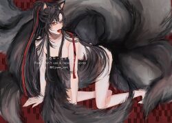 1boy ahoge all_fours alternate_hairstyle androgynous animal_ears barefoot black_hair blush censored collarbone completely_nude convenient_censoring english_text eyelashes fangs fox_boy fox_ears fox_tail full_body hair_ribbon half_updo high_ponytail highres kemonomimi_mode kitsune kyuubi long_hair looking_at_viewer male_focus modao_zushi multiple_tails nude ojisan_rbt open_mouth parted_bangs ponytail red_background red_eyes red_ribbon ribbon sidelocks solo tail tail_censor teeth tongue twitter_username very_long_hair watermark wei_wuxian