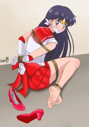 1girl barefoot bishoujo_senshi_sailor_moon black_hair bound feet gag gagged gloves hino_rei rope sailor_mars shadow_xcp shoes skirt slippers soles toes unworn_shoes