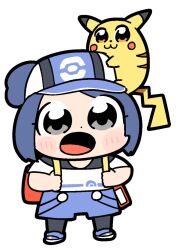 1girl :o backpack bag baseball_cap bettie_(pokemon) bkub black_pantyhose blue_hair blue_shoes blue_shorts blush chibi chibi_only commentary_request creatures_(company) dot_nose fat_pikachu game_freak gen_1_pokemon grey_eyes hair_bun hat legs_apart nintendo on_head open_mouth pantyhose pantyhose_under_shorts pikachu pokemon pokemon_(creature) pokemon_masters_ex pokemon_on_head shoes short_hair short_sleeves shorts simple_background single_hair_bun standing white_background