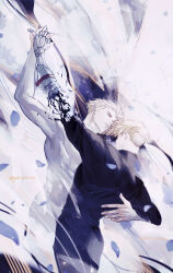 2boys absurdres black_shirt blonde_hair brothers dancing highres incest long_sleeves male_focus millions_knives multiple_boys parted_lips prosthesis prosthetic_arm severed_limb shirt short_hair siblings trigun trigun_stampede upper_body vash_the_stampede yakikesen yaoi