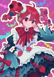 Rule 34 | 1girl, absurdres, ahoge, animal print, apron, black dress, blush, bow, bowtie, candy hair ornament, claw pose, cowboy shot, dress, drill hair, fingernails, floating clothes, flower, food-themed hair ornament, frilled apron, frills, grin, hair between eyes, hair flower, hair ornament, halloween costume, head tilt, highres, kasane teto, layered dress, looking at viewer, official alternate costume, pantyhose, pumpkin hair ornament, purple background, red bow, red bowtie, red eyes, red hair, red nails, red pantyhose, shirai sahuni, smile, solo, twin drills, utau, white apron