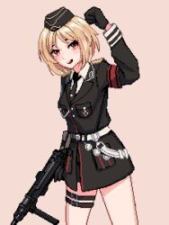 1girl armband belt black_gloves black_hat black_jacket black_necktie blonde_hair blush breasts brown_eyes clenched_hand commission cowboy_shot cross garrison_cap girls&#039;_frontline gloves gun hand_up hat highres holding holding_gun holding_weapon iron_cross jacket medium_breasts mp40 mp40_(girls&#039;_frontline) necktie non-web_source pixel_art red_armband shirt short_hair simple_background solo submachine_gun thigh_strap weapon white_belt white_shirt yiricannon