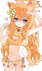 1girl absurdres alternate_costume animal_ear_fluff animal_ears bell blue_archive blue_eyes blush bow bra breasts cat_cutout cat_ear_panties cat_ears cat_girl cat_lingerie cat_tail cleavage_cutout closed_mouth clothing_cutout collarbone commentary cowboy_shot fingernails flower frilled_bra frills hair_flower hair_ornament halo hands_up heart highres jingle_bell long_hair looking_at_viewer mari_(blue_archive) meme_attire navel neck_bell nyangpan orange_bow orange_bra orange_hair orange_halo orange_hanfu orange_panties orange_tail panties side-tie_panties simple_background small_breasts smile solo star_(symbol) star_in_eye stomach symbol_in_eye tail tail_bow tail_ornament underwear very_long_hair white_background white_flower