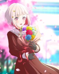 1girl :d absurdres aqua_neckerchief black_choker black_gloves blue_flower blue_rose blurry blurry_background bob_cut bouquet brown_dress choker colored_inner_hair commentary_request cowboy_shot dress eyes_visible_through_hair flower gloves green_flower green_rose hair_ornament half_gloves hasu_no_sora_school_uniform highres holding holding_bouquet in-universe_location inverted_bob kujo_awenn link!_like!_love_live! long_sleeves looking_at_viewer love_live! multicolored_hair neckerchief o-ring o-ring_choker open_mouth orange_flower orange_rose pink_eyes pink_flower pink_rose purple_flower purple_rose red_flower red_hair red_rose rose sailor_collar sailor_dress school school_uniform short_hair smile solo standing star_(symbol) star_hair_ornament streaked_hair virtual_graduation_commemoration virtual_youtuber white_hair white_sailor_collar winter_uniform yellow_flower yellow_rose yugiri_tsuzuri