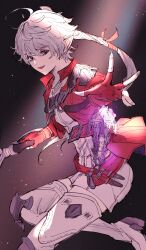 1girl absurdres ahoge alisaie_leveilleur black_background blue_eyes boots braid braided_ponytail chest_belt commentary elezen elf final_fantasy final_fantasy_xiv fingerless_gloves foot_out_of_frame foreshortening from_side gloves hair_ribbon highres holding holding_sword holding_weapon hutaba_0718 jacket knee_pads leg_up long_hair looking_at_viewer low_ponytail open_mouth outstretched_arm pointy_ears ponytail reaching reaching_towards_viewer red_gloves red_jacket red_mage_(final_fantasy) ribbon romper single_braid smile solo sword symbol-only_commentary thigh_boots weapon white_boots white_hair white_romper