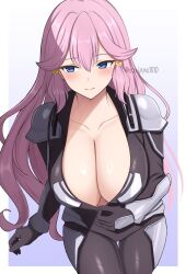 1girl black_bodysuit black_gloves blue_eyes blush bodysuit breasts cleavage closed_mouth collarbone gloves hair_between_eyes hair_tie highres huge_breasts kakumeiki_valvrave long_hair looking_to_the_side outa_nao pink_hair solo surippa1010 thigh_gap thighs twitter_username two-tone_background white_background