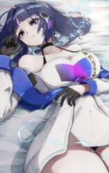 1girl absurdres ahoge bed black_gloves breasts dress electricity fuji4o gloves highres honkai_(series) honkai_impact_3rd jacket large_breasts long_hair long_sleeves looking_at_viewer lying on_back ponytail purple_eyes purple_hair raiden_mei raiden_mei_(striker_fulminata) solo white_dress white_jacket