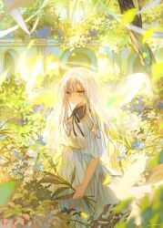 Rule 34 | 1girl, angel, bird, black ribbon, blue eyes, blue flower, blue skirt, closed mouth, commentary, feet out of frame, flower, halo, highres, holding, holding plant, long hair, neck ribbon, original, outdoors, plant, ribbon, scenery, see-through clothes, see-through veil, shirt, short sleeves, signature, skirt, solo, standing, sumi 0525, symbol-only commentary, traditional halo, tree, vegetation, veil, white flower, white hair, white shirt, white veil