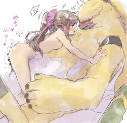 1boy 1girl absurdres angoramon bar_censor blush breasts brown_hair censored digimon digimon_ghost_game erection furry furry_male furry_with_non-furry green_fur heavy_breathing highres interspecies loli long_hair multicolored_fur nipples nude penis ponytail rabbit_boy scrunchie small_breasts tsukiyono_ruli tsumugi yellow_fur