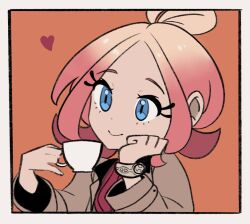 1girl animated animated_gif blinking blue_eyes brown_coat coat cup gradient_hair heart holding holding_cup mega_ring multicolored_hair nintendo orange_background pokemon pokemon_legends:_z-a primal_lazuli solo taunie_(pokemon)