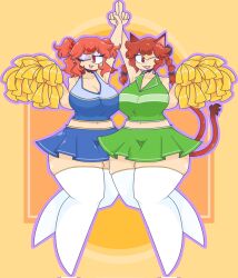 Rule 34 | 2girls, ;d, alternate costume, arm up, blue shirt, blue skirt, braid, breasts, cheerleader, cleavage, collarbone, commentary, commission, fang, full body, green shirt, green skirt, hair bobbles, hair ornament, highres, index finger raised, kaenbyou rin, large breasts, looking at viewer, mccum69, mole, mole under eye, multiple girls, navel, one eye closed, onozuka komachi, open mouth, pom pom (cheerleading), red eyes, red hair, shirt, side braids, skin fang, skirt, smile, thighhighs, touhou, twin braids, two side up, white thighhighs, yellow background