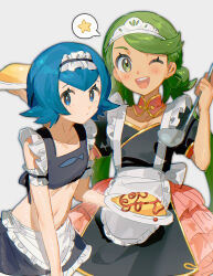 2girls absurdres apron blue_eyes blue_hair blush crop_top dark-skinned_female dark_skin frills fua1heyvot4ifsr green_eyes green_hair highres lana_(pokemon) long_hair maid maid_apron maid_headdress mallow_(pokemon) multiple_girls nintendo one_eye_closed open_mouth pokemon pokemon_sm short_hair skirt speech_bubble spoken_star star_(symbol) swept_bangs twintails
