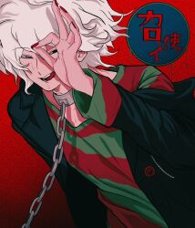 1boy black_eyes black_jacket chain chain_leash collar danganronpa_(series) danganronpa_2:_goodbye_despair gradient_background grey_eyes hand_up heterochromia highres jacket komaeda_nagito leash licking_lips looking_at_viewer male_focus metal_collar ok_sign ok_sign_over_eye red_background red_nails shirt short_hair solo striped_clothes striped_shirt sweat tongue tongue_out translation_request upper_body uri_ka55 white_hair