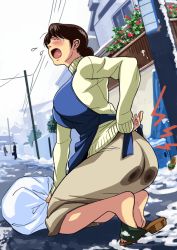 00s 1girl apron ass bag blush breasts brown_hair cirima closed_eyes curvy feet female_focus hair_bun hikaru_no_go hip_focus housewife huge_ass injury kneeling large_breasts long_sleeves mature_female open_mouth outdoors pain shindou_mitsuko single_hair_bun skirt slippers snow solo sweater teardrop tears turtleneck volvox winter