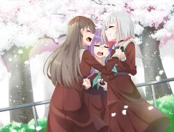 3girls absurdres aqua_neckerchief black_choker black_gloves bob_cut brown_dress brown_hair cherry_blossoms choker closed_mouth commentary_request crying dress dutch_angle falling_petals feet_out_of_frame fujishima_megumi gloves grey_hair hair_ornament half_gloves hasu_no_sora_school_uniform highres holding_hands interlocked_fingers inverted_bob link!_like!_love_live! long_hair long_sleeves love_live! medium_dress multiple_girls neckerchief open_mouth otomune_kozue outdoors petals pleated_dress profile purple_hair red_hair sailor_collar sailor_dress school_uniform short_hair side_ponytail sidelocks smile spring_(season) standing star_(symbol) star_hair_ornament tetetsu tree two_side_up virtual_youtuber white_sailor_collar winter_uniform yugiri_tsuzuri