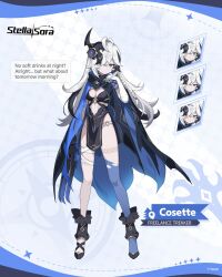 Rule 34 | + +, 1girl, :o, black cape, black dress, black hair, blue cape, blue eyes, blue thighhighs, blush, braid, breasts, cape, character name, cleavage, closed mouth, commentary, copyright name, cosette (stella sora), dress, english commentary, english text, full body, grey hair, hair ornament, hair over one eye, highres, jitome, long hair, looking at viewer, multicolored hair, multiple expressions, o-ring, o-ring bottom, o-ring panties, official art, panties, parted lips, pelvic curtain, side braid, single thighhigh, solo, speech bubble, stella sora, streaked hair, thighhighs, torn clothes, torn thighhighs, two-sided cape, two-sided fabric, underwear, very long hair