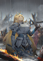 1girl armor barghest_(fate) barghest_(first_ascension)_(fate) blonde_hair breastplate breasts chain fairy_sword_galatine fate/grand_order fate_(series) faulds gauntlets greaves green_eyes grey_sky horns large_breasts long_hair looking_up nakaga_eri pauldrons rain shoulder_armor sky solo sword weapon