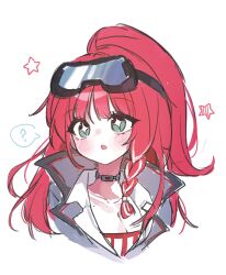 1girl ? black_survival blush braid breasts choker cleavage collarbone collared_jacket commentary_request eternal_return:_black_survival eyewear_on_head goggles goggles_on_head green_eyes grey_choker grey_jacket high_ponytail highres jacket justyna_(black_survival) long_hair lumia_riri multicolored_hair open_mouth ponytail red_hair shirt simple_background solo spoken_question_mark star-shaped_pupils star_(symbol) streaked_hair symbol-shaped_pupils upper_body white_background white_hair white_shirt