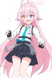 Rule 34 | 1girl, ahoge, aqua necktie, black gloves, black skirt, blue archive, blue eyes, blue necktie, blush, chest harness, collared shirt, fang, fingerless gloves, flying sweatdrops, gloves, hair between eyes, halo, harness, heterochromia, highres, hoshino (blue archive), long hair, long sleeves, necktie, open mouth, pink hair, pink halo, plaid clothes, plaid skirt, pleated skirt, shiroirosky, shirt, simple background, skin fang, skirt, very long hair, white background, white shirt, yellow eyes