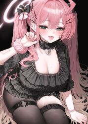 1girl absurdres ahoge alternate_hairstyle asymmetrical_legwear bandages bell blue_archive blush bow breasts choker earrings fang frilled_choker frilled_thighhighs frills green_eyes hair_bow hair_intakes hair_ornament hairclip halo hanako_(blue_archive) highres jewelry jirai_kei long_hair mochirong mole mole_on_breast neck_bell o-ring o-ring_thigh_strap open_mouth pantyhose pink_hair ribbon-trimmed_shirt ribbon_trim ring scrunchie shirt single_thighhigh skin_fang thigh_strap thighhighs tsurime wrist_scrunchie